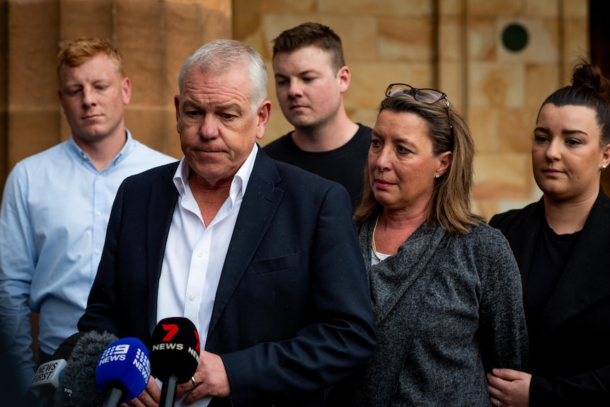 Grant Stevens speaks outside court.