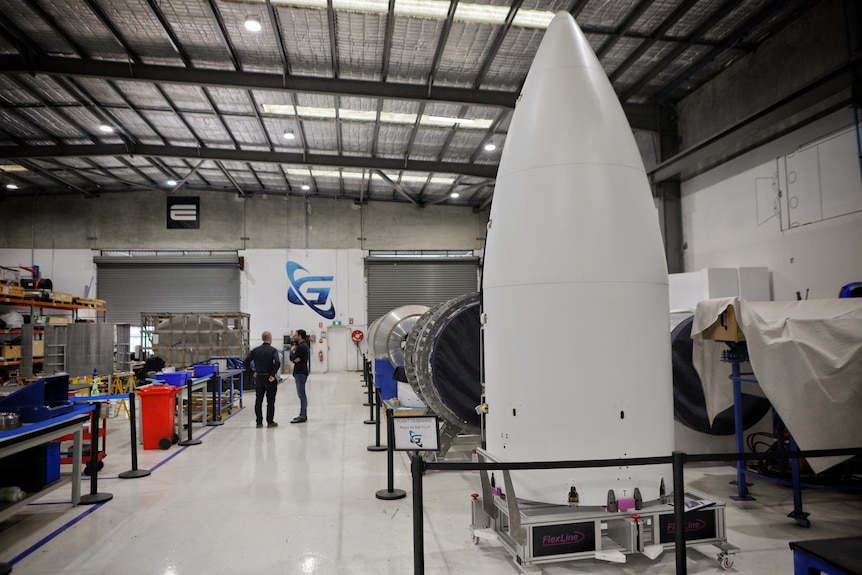 Parts of a rocket in a factory.