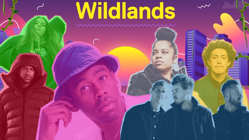 A collage of the Wildlands 2019 line-up: Mallrat, Skepta, Tyler the Creator, Ella Mai, RÜFÜS DU SOL, Hobo Johnson