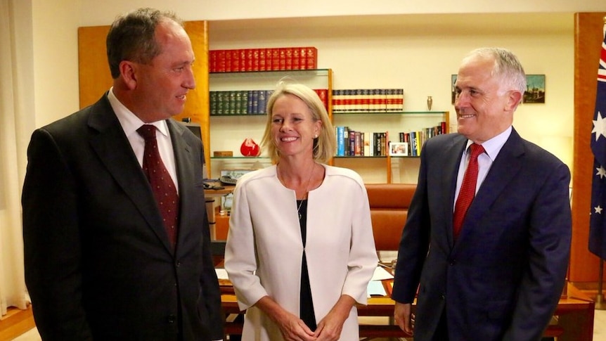 Barnaby Joyce, Fiona Nash are congratulated by Malcolm Turnbull