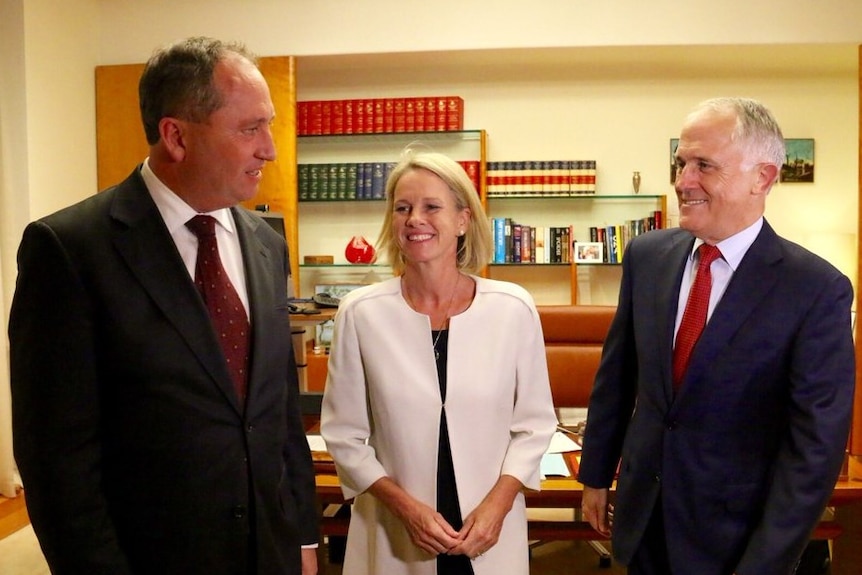 Barnaby Joyce, Fiona Nash are congratulated by Malcolm Turnbull.