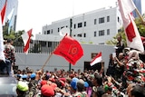 Protesters gather in front of the Australian Embassy in Jakarta