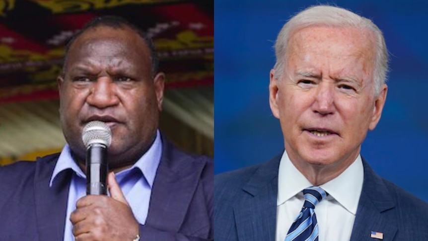 A close up, composite images of James Marape (left) holding a microphone and Joe Biden speaking into a microphone.