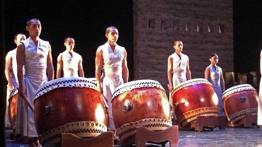 Drummers prepare for a performance at the OzAsia Festival in Adelaide.