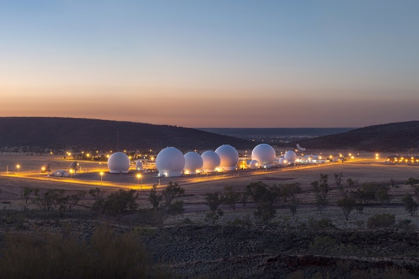 Communications equipment inside the Pine Gap base, seen from afar at night