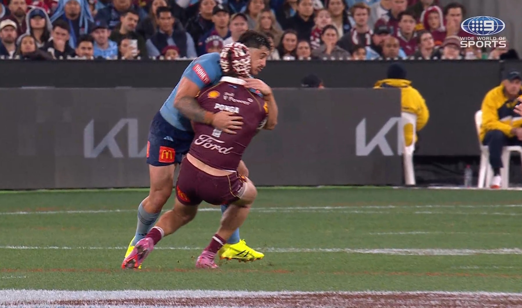 Kotoni Staggs hits Kalyn Ponga high during State of Origin II.