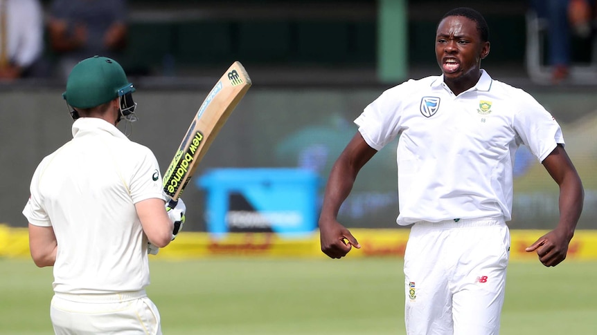 Rabada flexes in front of Steve Smith after dismissing the Australian captain in Port Elizabeth.