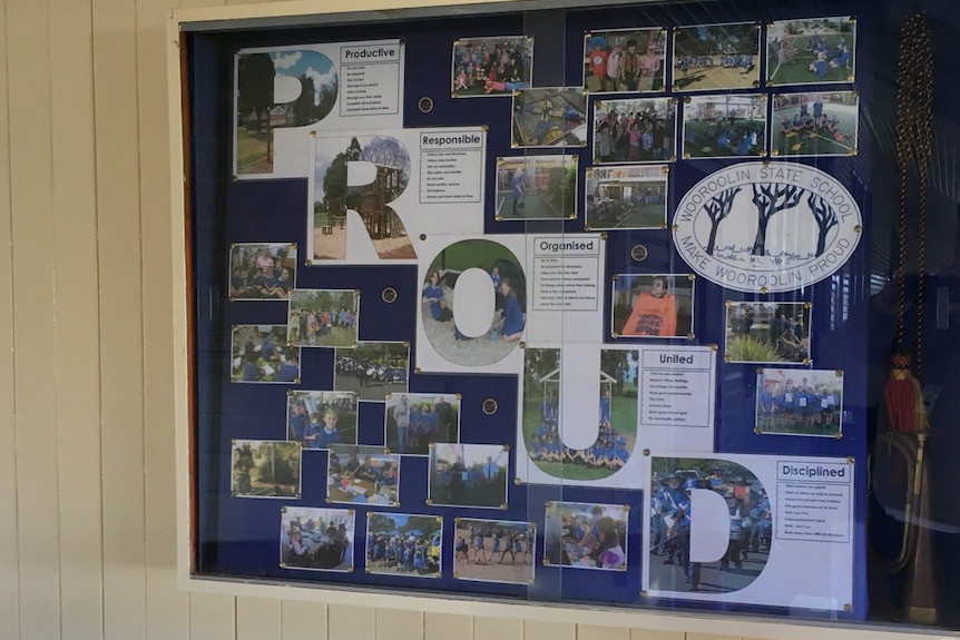 A poster on the wall of the Wooroolin State School spells out 'PROUD'.