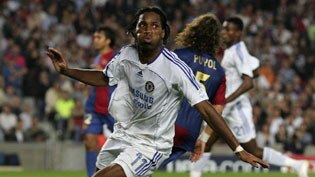 Didier Drogba of Chelsea celebrates a goal against Barcelona in their Champions League match.