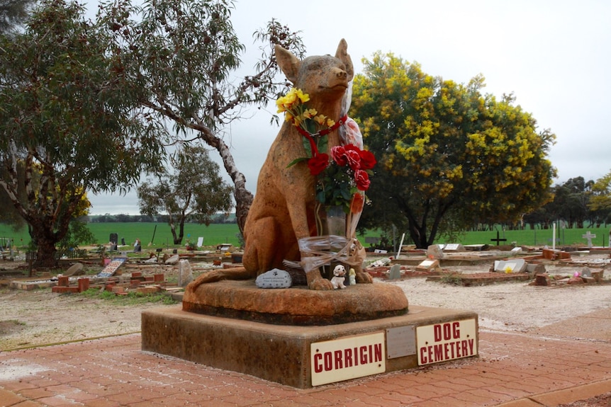 A stone dog cenotaph stands at the front of Corrigin Dog Cemetery