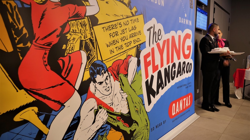A comicbook-style qantas poster of a man wrestling a crocodile as a woman gets out of a seaplane cockpit.