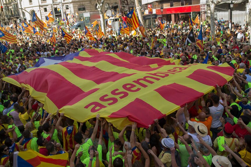 People hold up a giant independence flag during the Catalan National Day.