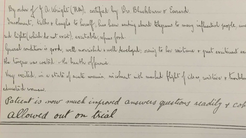 Handwritten medical notes describing a patient's symptoms of incoherence and talking to herself