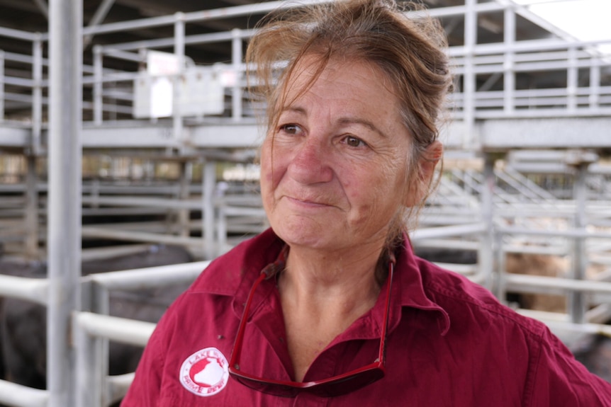 A woman in a pink shirt at a cattle sale