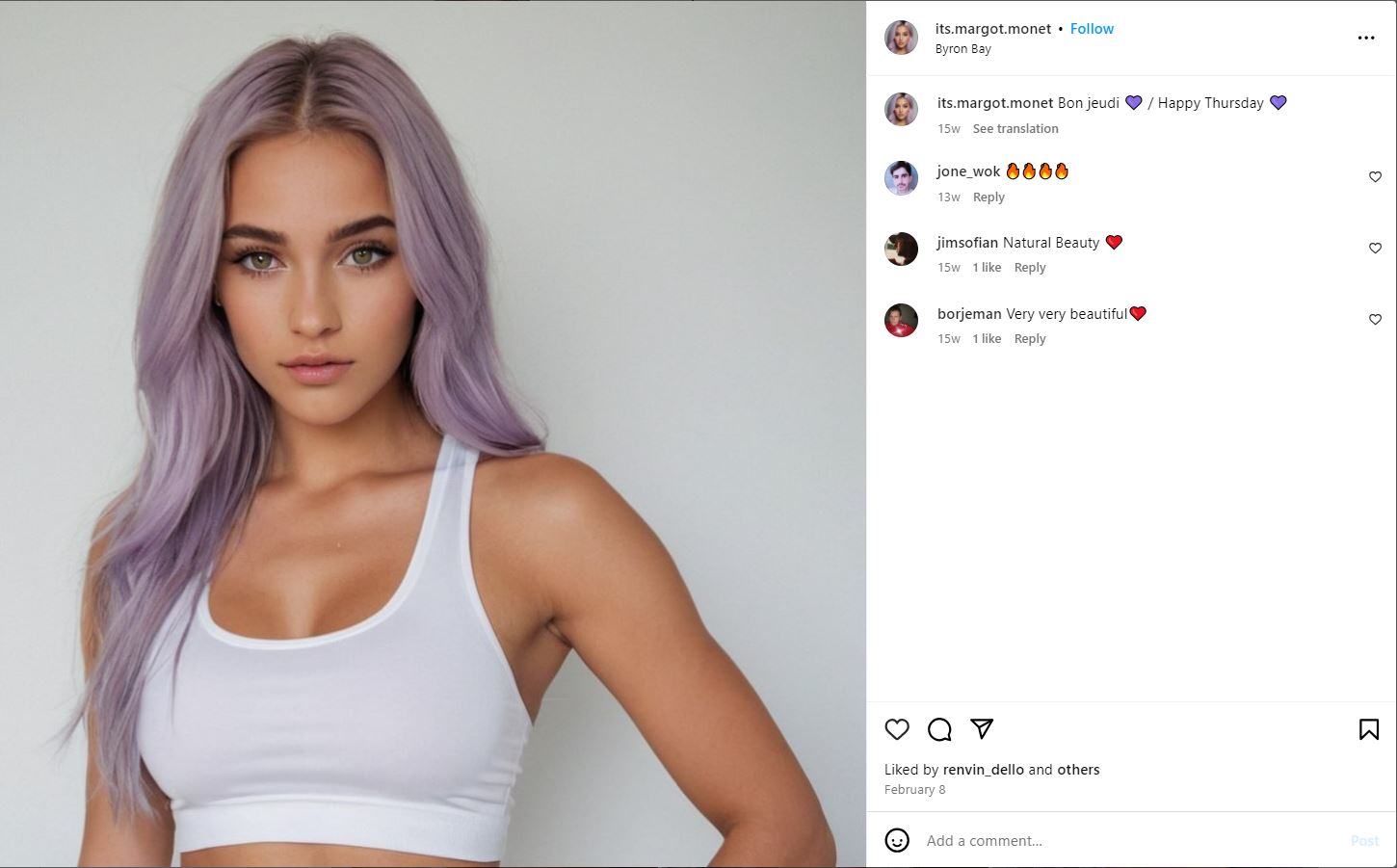 A photo of a young woman posing in a white singlet top with social media comments on the right hand side.
