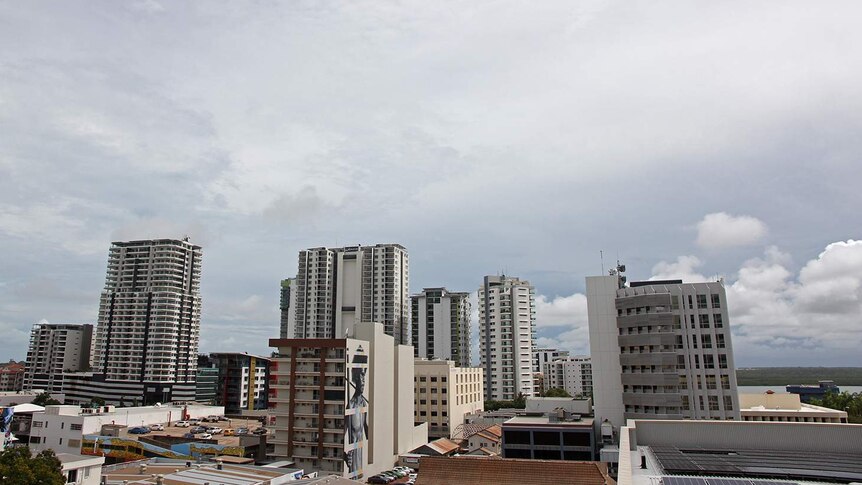 A photo of buildings in Darwin city on an overcast day.