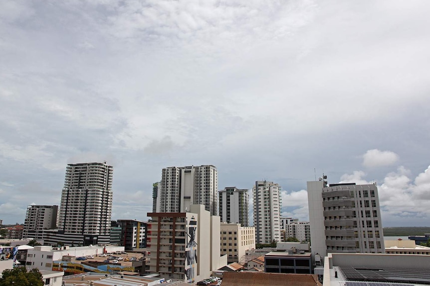A photo of buildings in Darwin city on an overcast day.
