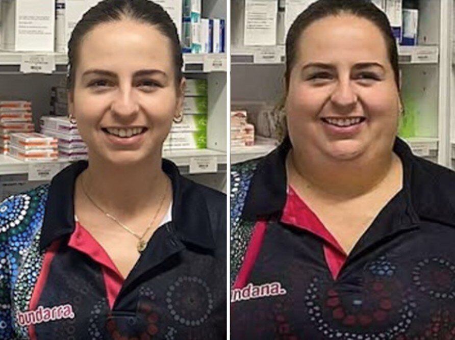 Two photos one of a slim woman standing in a pharmacy, and another of the same women looking larger.