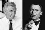A black-and-white composite image of Bob Hawke and Frank Sinatra.