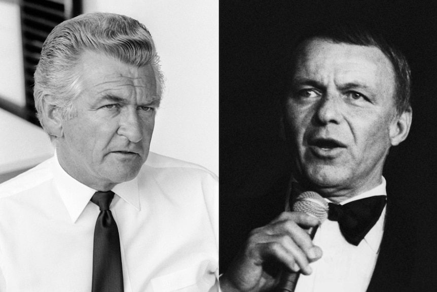 A black-and-white composite image of Bob Hawke and Frank Sinatra.