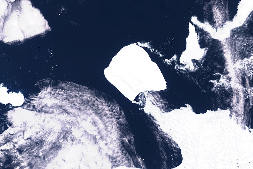 A satellite imagery of the world's largest iceberg, named A23a, seen in Antarctica.