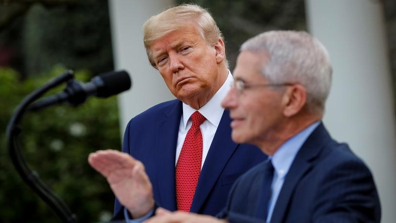 NIH National Institute of Allergy and Infectious Diseases Director Anthony Fauci next to  President Donald Trump.