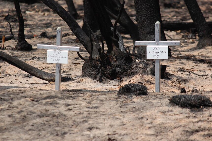 Crosses mark a memorial to Kangaroo Island bushfire victims.