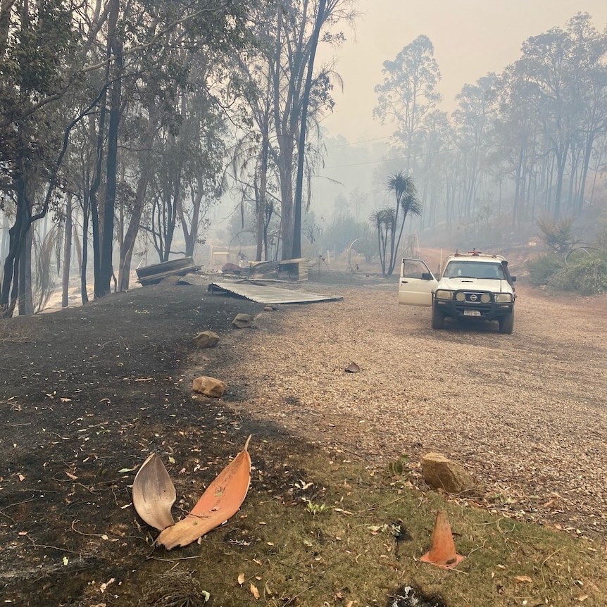 A ute parked near the fire line of the waroona bushfire.