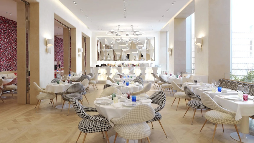 Pink, white and black interior of the new restaurant, Monsieur Dior.