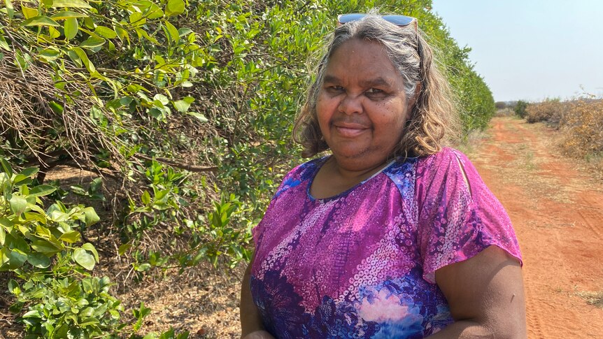 An Aboriginal woman wearing a bright purple shirt, stands in front of overgrown orange trees on red sandy soil.