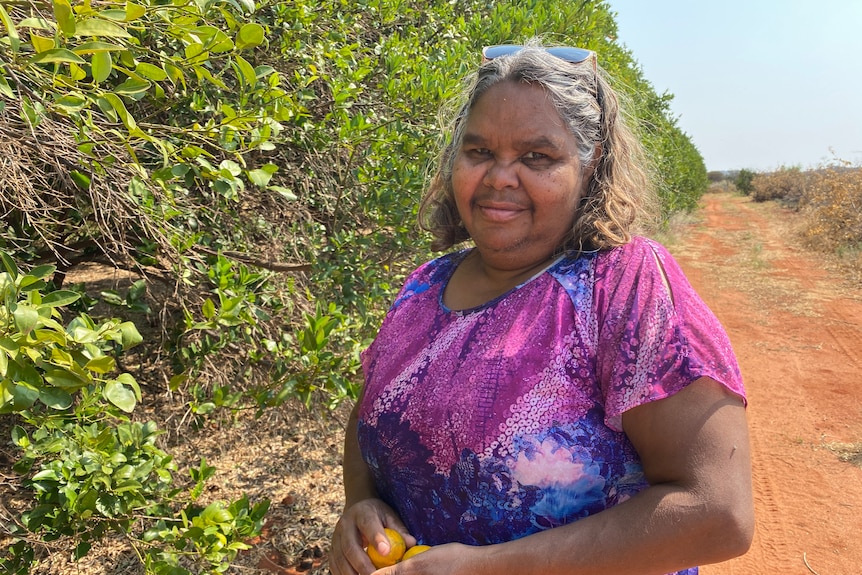An Aboriginal woman wearing a bright purple shirt, stands in front of overgrown orange trees on red sandy soil.