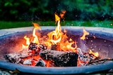 Wood burning in an outdoor fire pit.