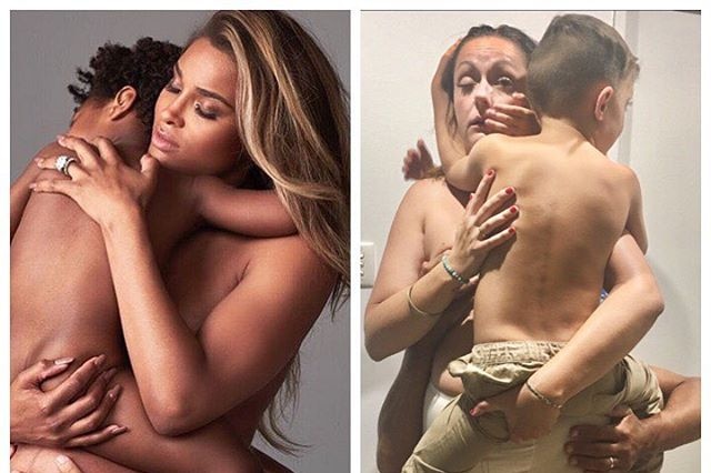 Comedian Celeste Barber parodies singer Ciara who holds her child as her husband grabs her stomach from behind.