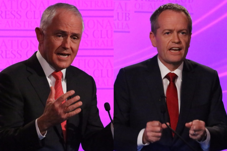 Malcolm Turnbull and Bill Shorten gesture during the Leaders' Debate.