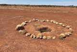 A circle of rocks surrounding a hole in the ground in an outback paddock.