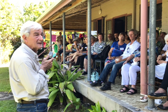 Marine researcher Eddie Hegerl addresses a group at the Ninney Rise heritage listed house at Mission Beach in north Queensland.