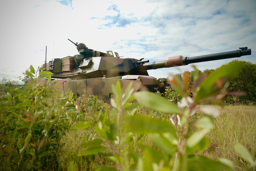 An Australian Army M1A1 battle tank is camouflaged in bushland in North Queensland as part of a training exercise