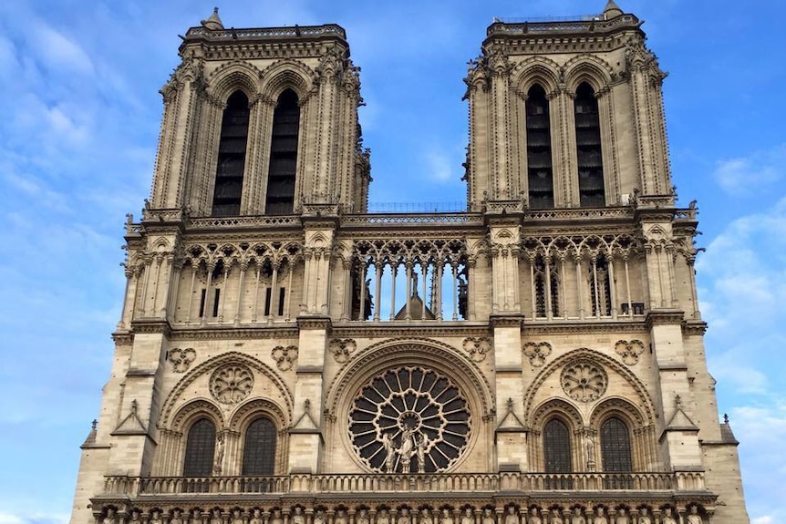 The outside of Notre Dame cathedral, with the two iconic towers.