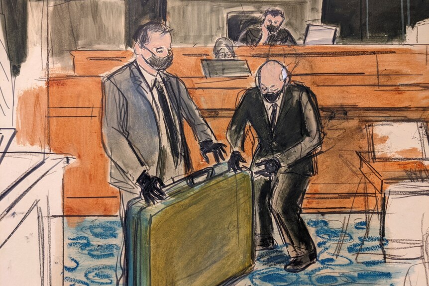 A scetch shows Jeffrey Epstein's massage table being unfolded in court.