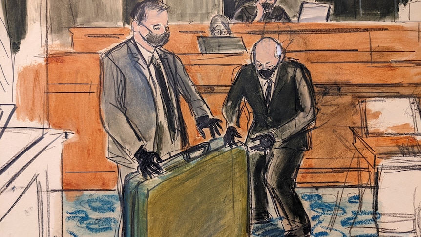 A scetch shows Jeffrey Epstein's massage table being unfolded in court.