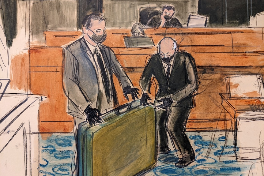 A scetch shows Jeffrey Epstein's massage table being unfolded in court.