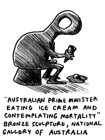 A satirical illustration of a sculpture of a prime minister contemplating.