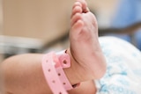 A baby foot with a pink tag around the ankle.