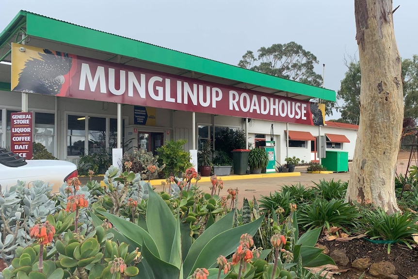 Munglinup Roadhouse sits behind a colourful garden entry with a large gum tree to the right