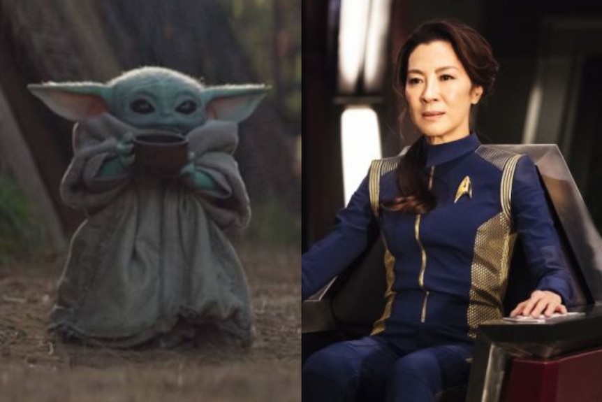 Baby Yoda, a cute, green character wearing a robe and holding a cup. Michelle Yeoh as Captain Philippa Georgiou in Star Trek