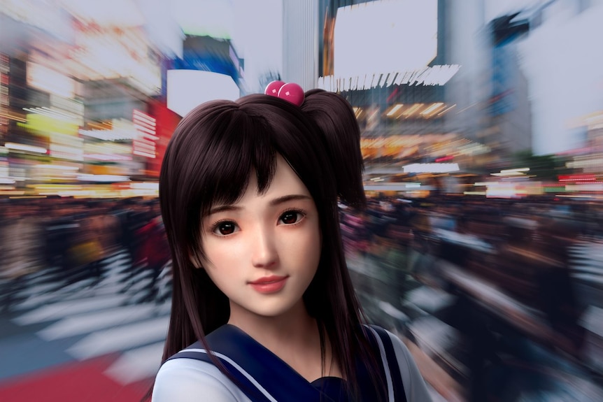 An animated girl stands at a busy crossing.