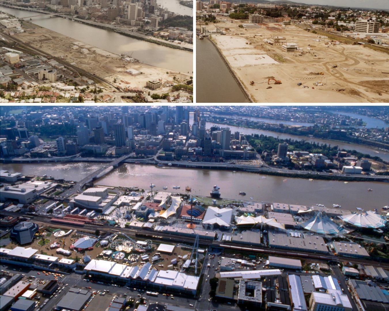A collage image of the south bank of Brisbane river being cleared and built for Expo.