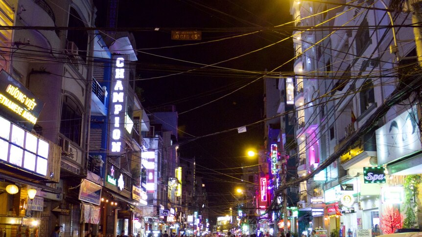 A street of lights and electricity cables in Vietnam