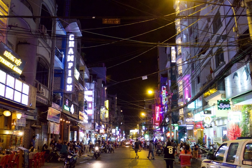 A street of lights and electricity cables in Vietnam
