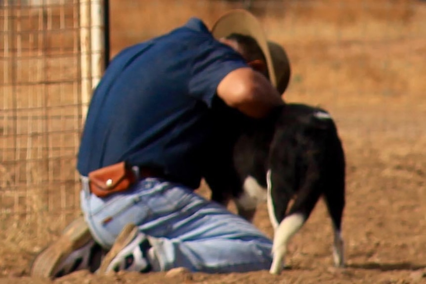A man crouches down and hugs his dog.